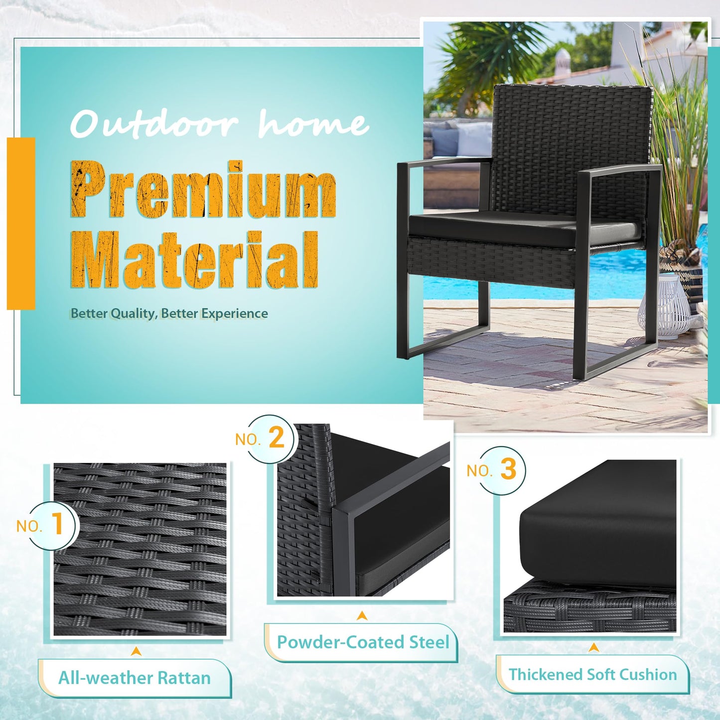 3-Piece Outdoor Patio Furniture Set – Modern Rattan Chairs with Coffee Table (Black)