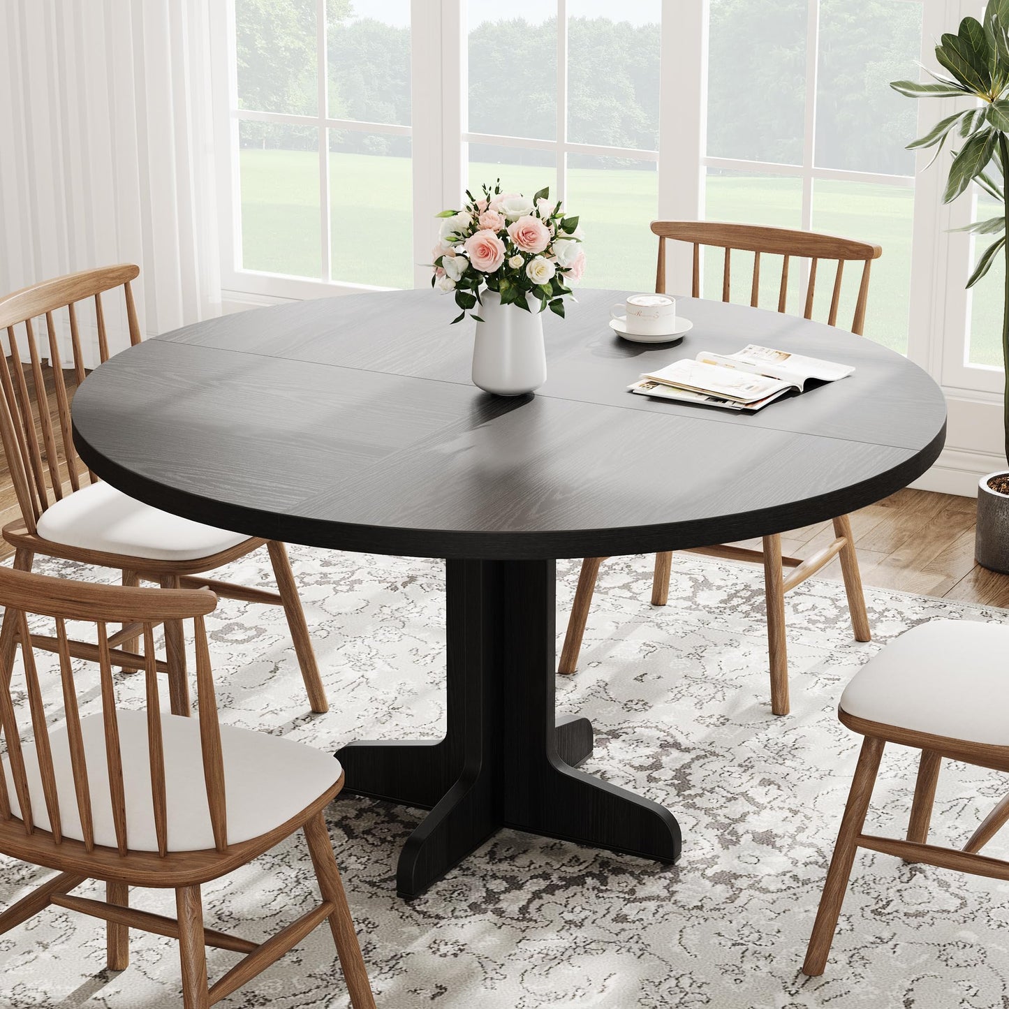 IDEALHOUSE 47" Round Dining Table – Modern Farmhouse Table for 4, Black