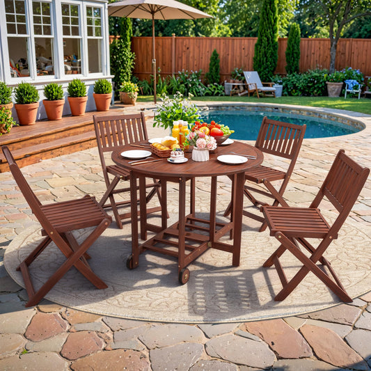 5-Piece Patio Folding Set with Round Table & Chairs – Dark Brown