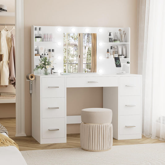 YESHOMY Vanity Desk with Mirror, LED Lights & Power Outlet – 7 Drawers, White