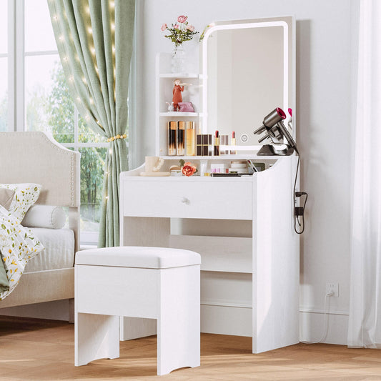 LIKIMIO Small Makeup Vanity Desk with Mirror & Lights – Storage Drawer, Chair & Shelves, White