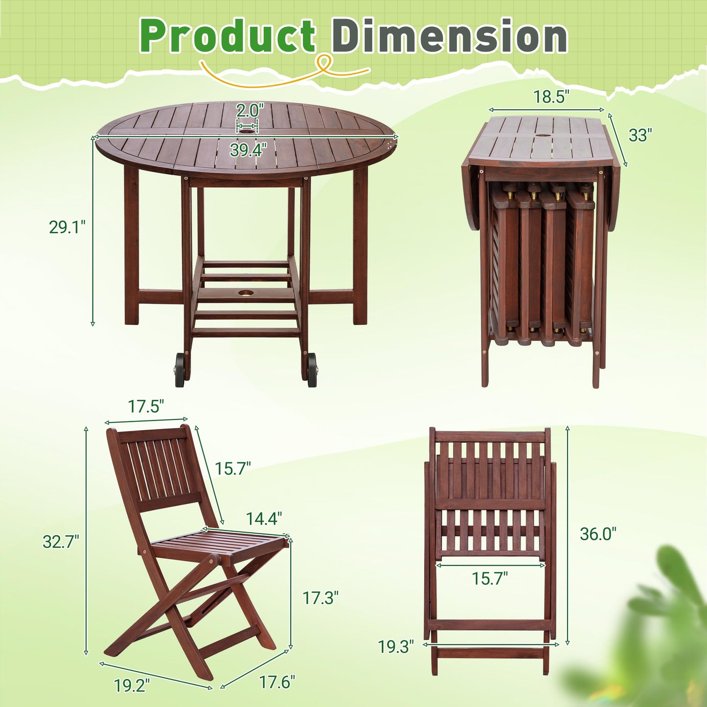 5-Piece Patio Folding Set with Round Table & Chairs – Dark Brown