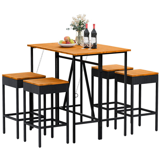 5-Piece Outdoor Bar Set with High Top Table & Foldable Stools – Acacia Wood