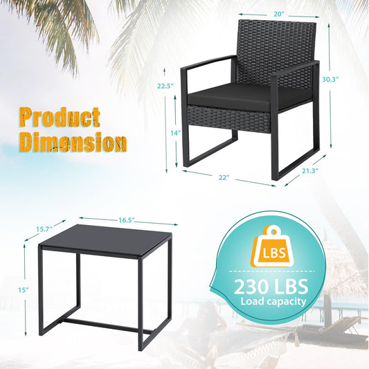 3-Piece Outdoor Patio Furniture Set – Modern Rattan Chairs with Coffee Table (Black)