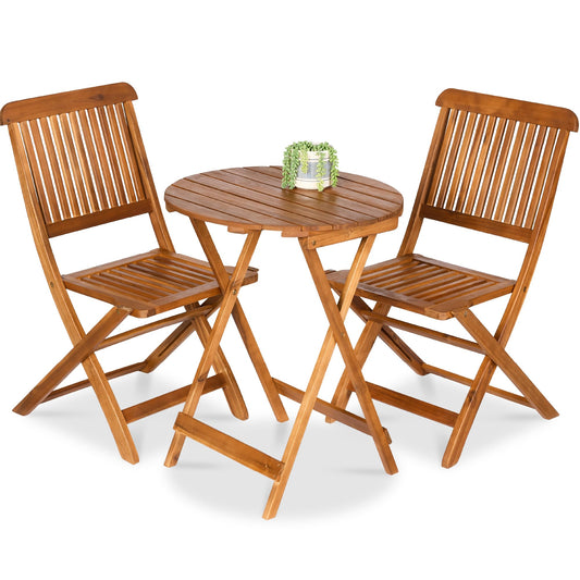 3-Piece Acacia Wood Patio Bistro Set with Foldable Chairs & Table – Natural