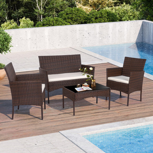 Shintenchi 4-Piece Outdoor Patio Furniture Set – Wicker Chairs & Loveseat with Coffee Table, Brown