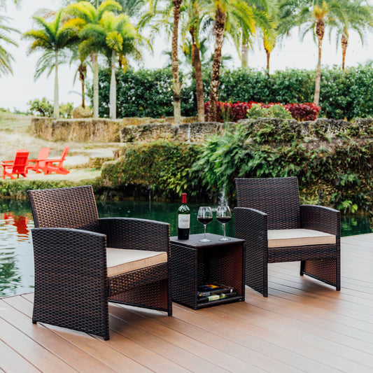 Nestl 3-Piece Outdoor Bistro Patio Furniture Set – Wicker Table & 2 Chairs, Brown/Beige