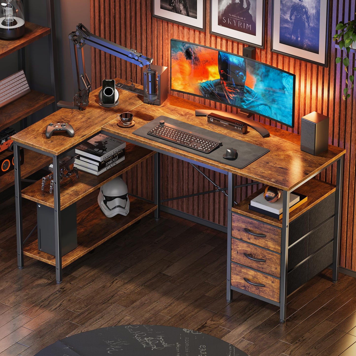 Huuger L-Shaped Office Desk with Power Outlets, Drawers & Shelves – 47” Rustic Brown