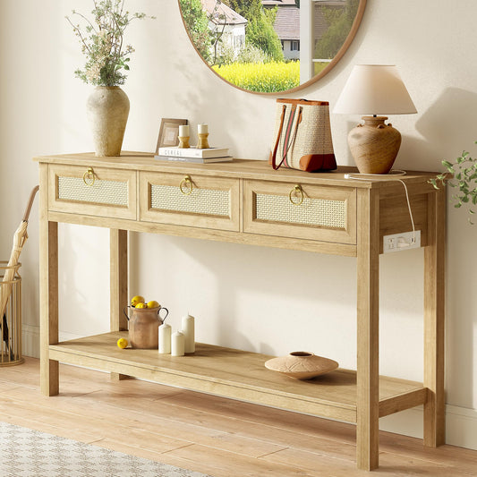 SUPERJARE Rattan Console Table with USB-C & Outlets – 3 Drawers, Natural