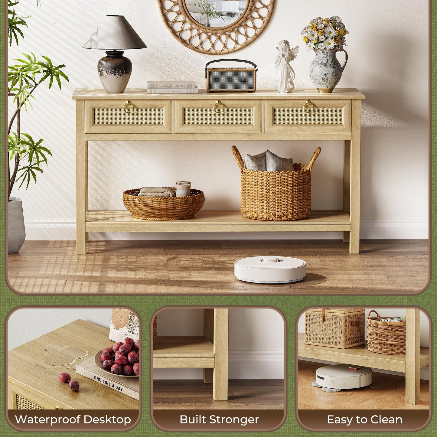 SUPERJARE Rattan Console Table with USB-C & Outlets – 3 Drawers, Natural