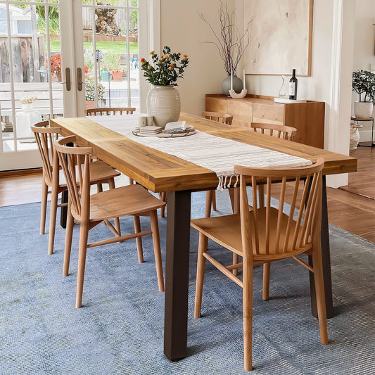 Devoko 6-Person Acacia Wood Dining Table – Rustic Indoor/Outdoor Table with Iron Legs, Natural Finish