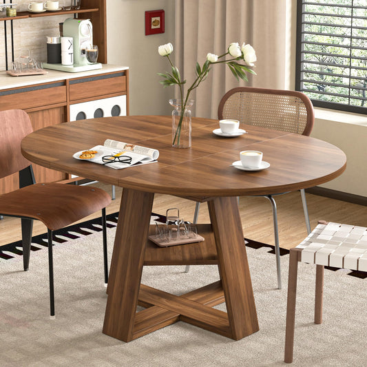 Extendable Round Dining Table 43–59" for 4–8, Walnut with Storage Shelf