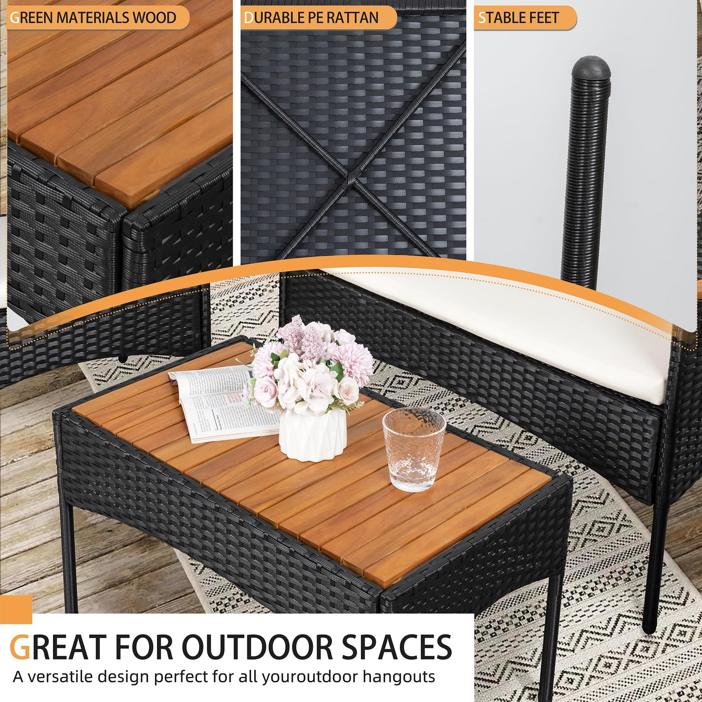 Shintenchi 4-Piece Outdoor Patio Furniture Set – Wicker Chairs with Cushions & Wooden Table, White