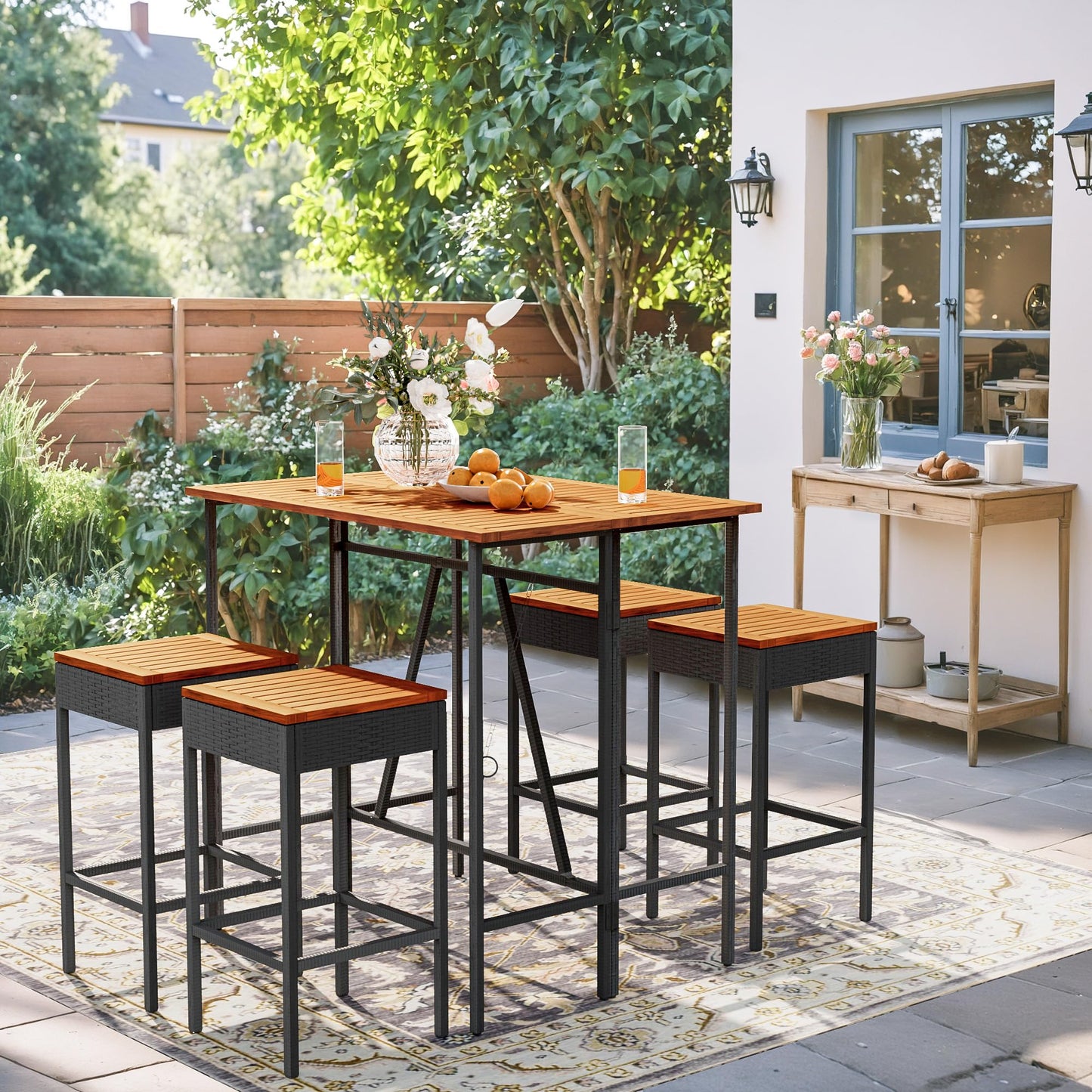 5-Piece Outdoor Bar Set with High Top Table & Foldable Stools – Acacia Wood